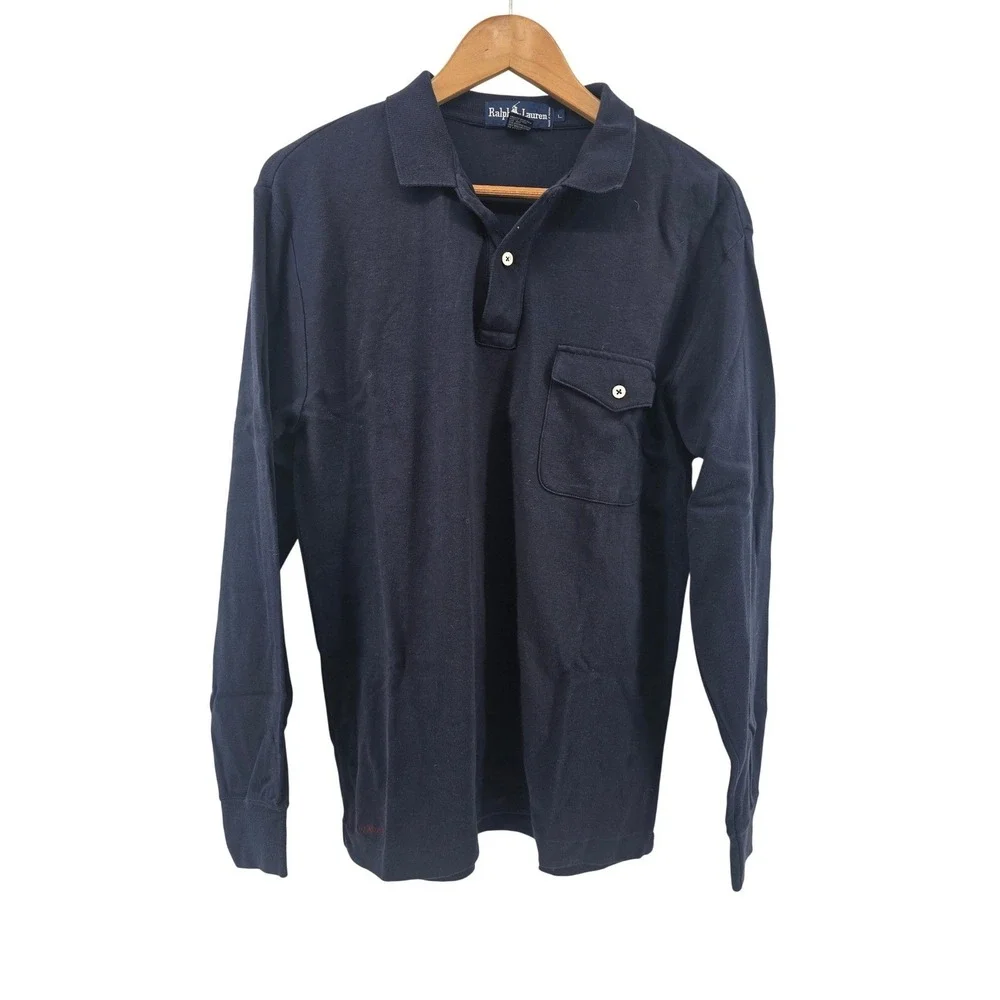 Ralph Lauren Polo Shirt Mens L Navy Blue Long Slv Equestrian Flap Pocket Cotton